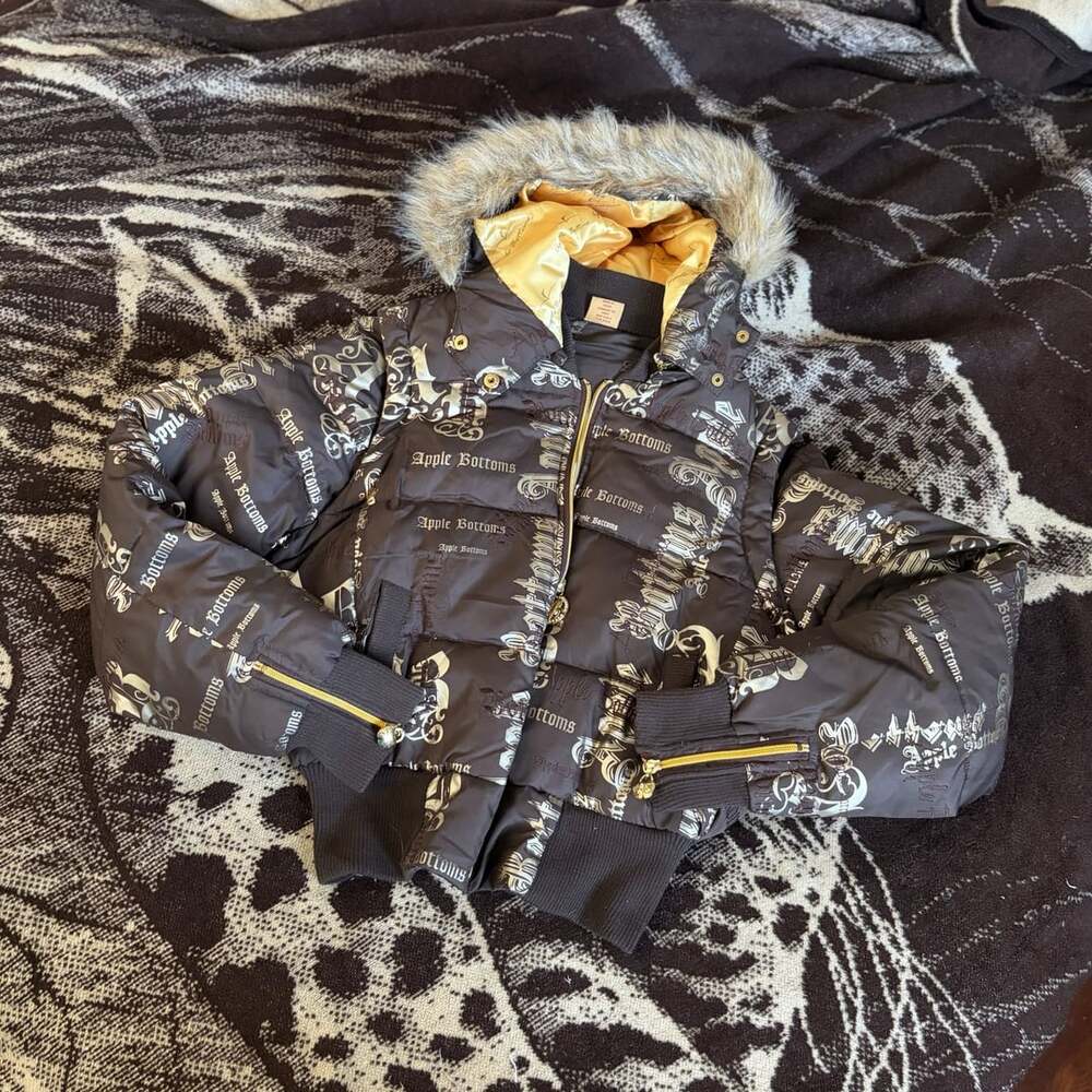 Apple Bottoms Puffer Jacket Size M Brown Monogram Fur Hood